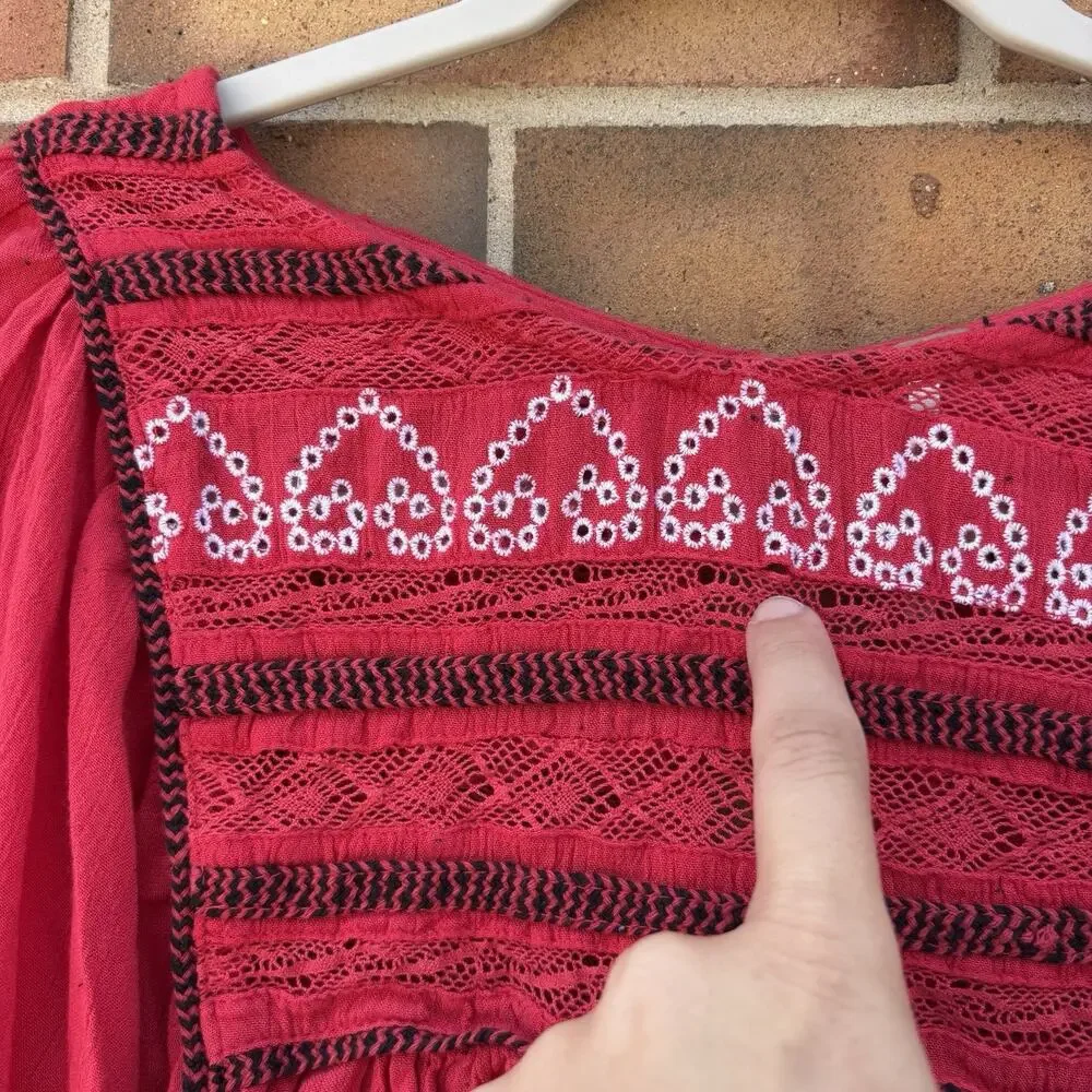 Free People Cyprus Avenue Embroidery Red Boho Long Sleeve Top Sz Large